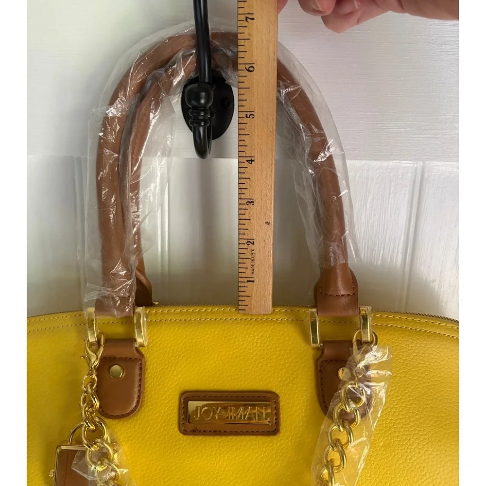 Joy & Iman Yellow Tan Split Leather Satchel Handbag Set with Wallet and Clock